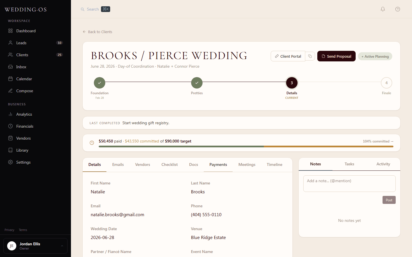 WeddingOS client detail